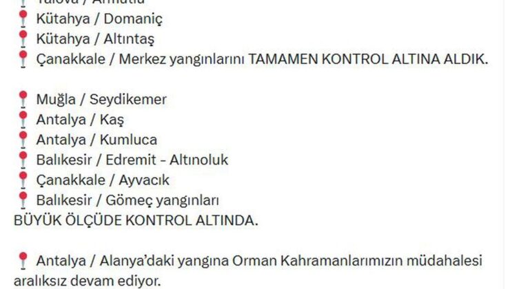 Yalova, Kütahya ve Çanakkale yangınları tamamen kontrol altına alındı