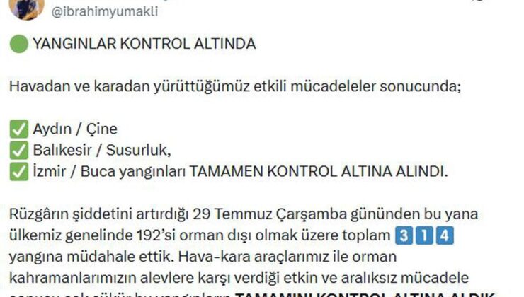 Bakan Yumaklı: Buca, Çine ve Susurluk’taki orman yangınları kontrol altında