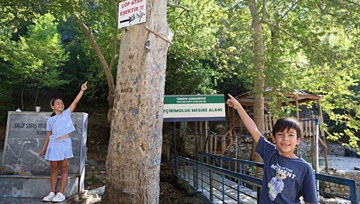 Adana Feke’de mesireye ‘Çöp atan eşektir’ tabelası asıldı, çöpleri çocuklar topladı