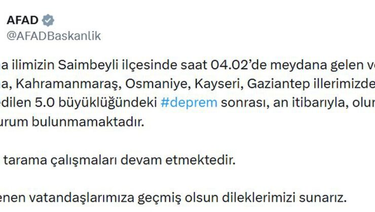 Adana Saimbeyli’de 5.0 büyüklüğünde deprem oldu, olumsuz durum bulunmuyor