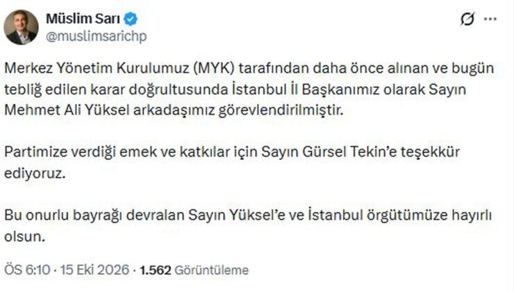 CHP Sözcüsü Sarı, Mehmet Ali Yüksel’in CHP İstanbul İl Başkanı olduğunu açıkladı