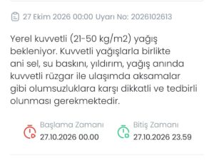 Meteoroloji Denizli’de 27 Ekim’de kuvvetli yağış için uyardı
