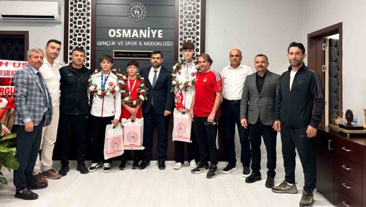 Osmaniye’ye dönen dünya ve Balkan dereceli sporcular çiçek ve konfetiyle karşılandı