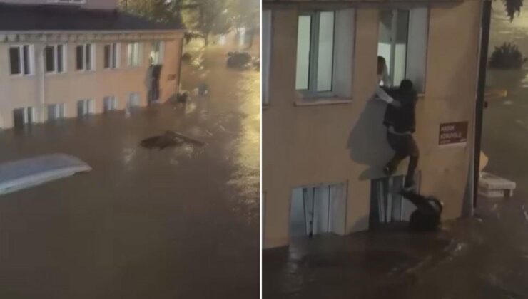 Sarıyer’de sel sularının ortasında kaldı, canını cam pencereye tırmanarak kurtardı