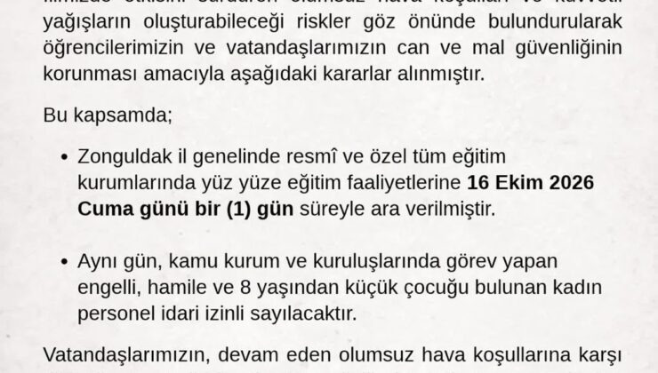 Zonguldak’ta 16 Ekim Cuma yüz yüze eğitime ara verildi, bazı personel izinli olacak